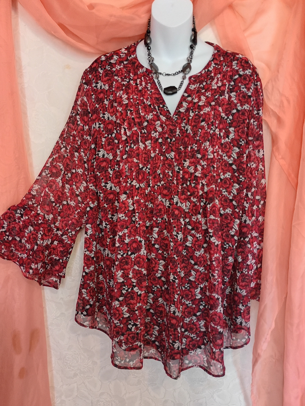 Charter Club Ladies Red Floral V-Neck Tunic Sz 2X